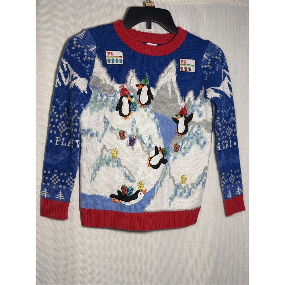 Kids Small (6/7) Christmas Sweater Penguin Game Festive